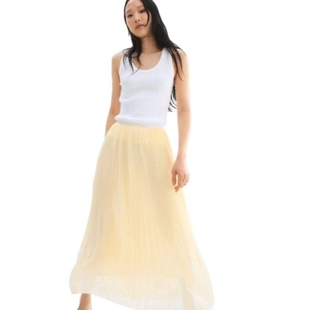 H&M Butter Yellow Pleated Maxi Skirt Womens XL Chiffon Ethereal Semi-Sheer Fairy